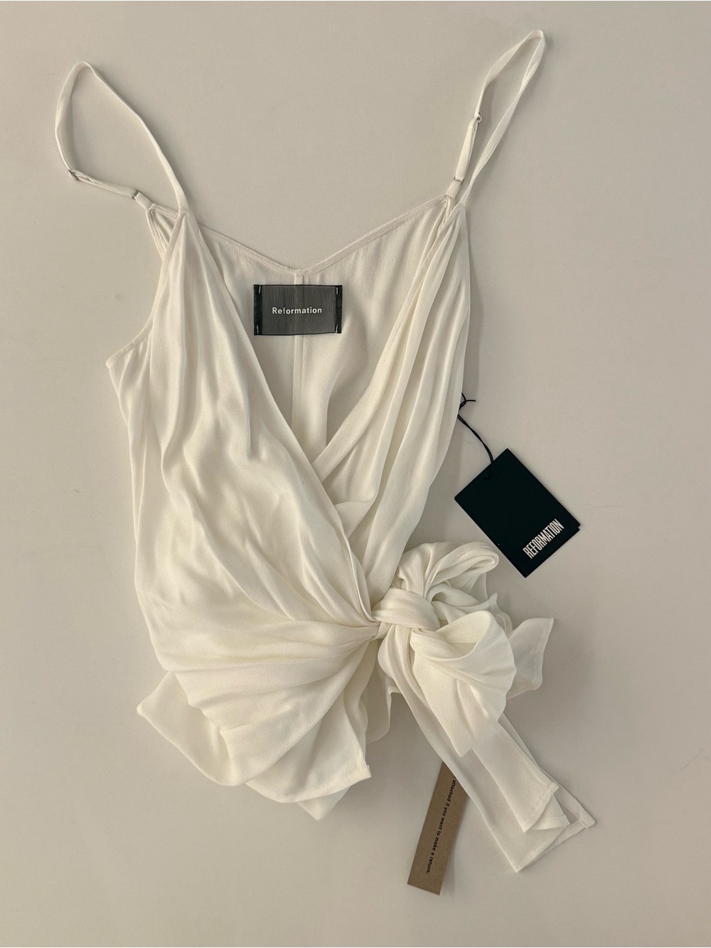 Reformation White Wrap Silk Cami with Side Bow